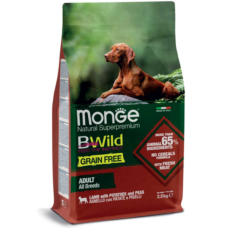 Monge B-Wild Grain Free All Breeds Adult – Miel cu Cartofi și Mazăre | 2.5 kg