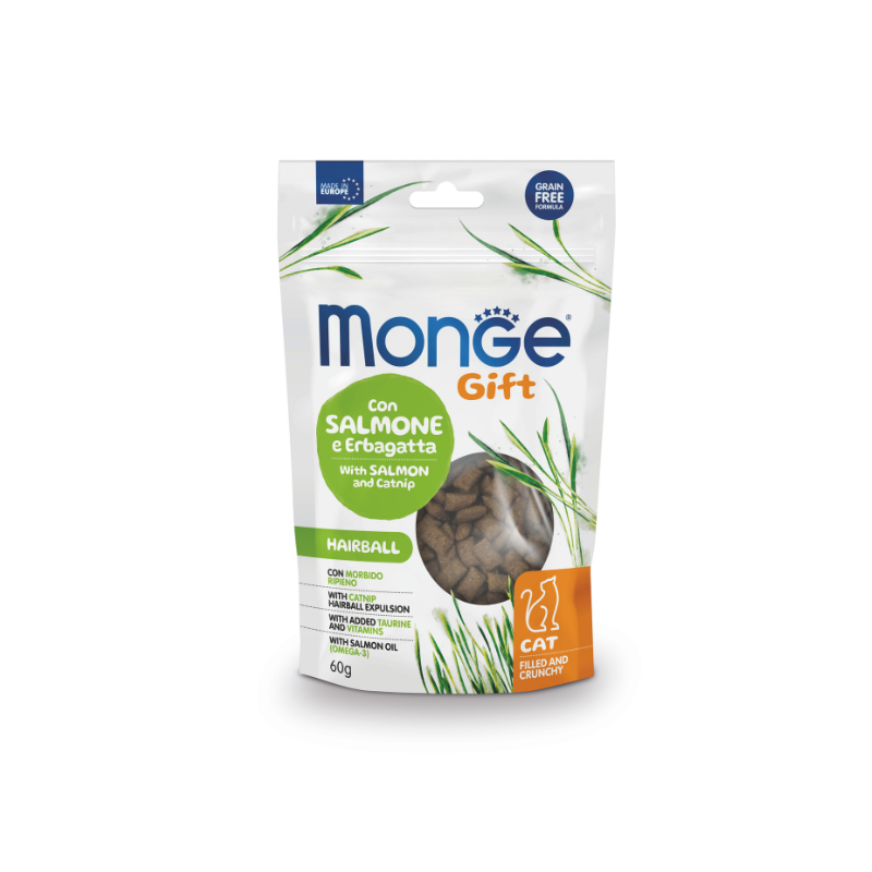 Monge Gift Pisici Hairball cu Somon și Iarba-Matei 60g