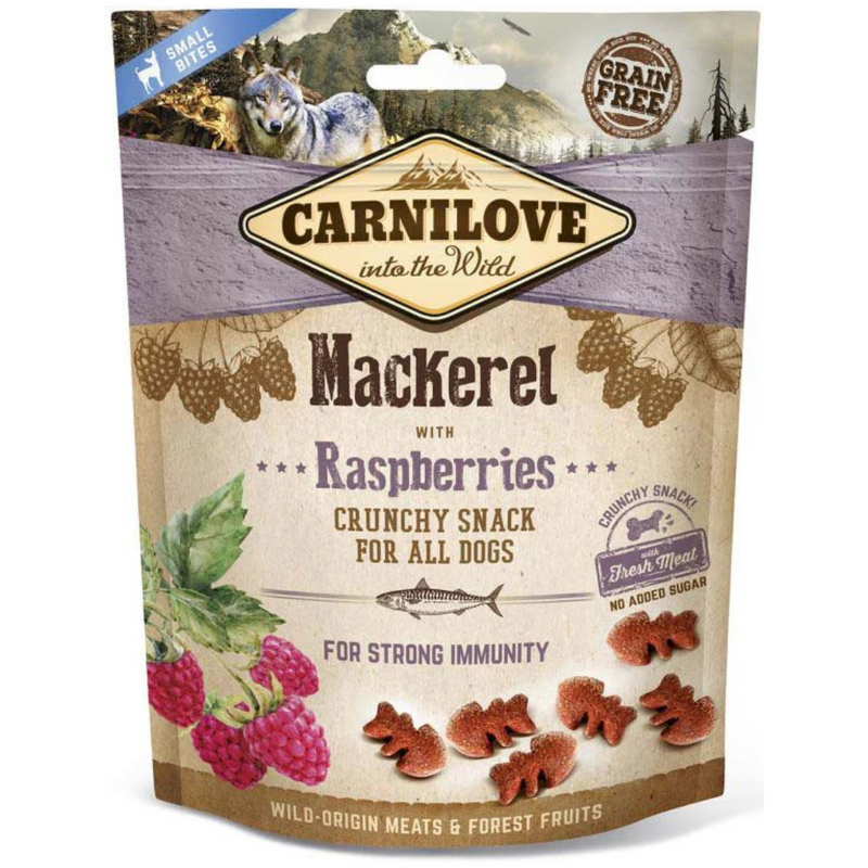 CARNILOVE Recompense Crunchy pentru câini, cu Macrou şi Zmeură 200g