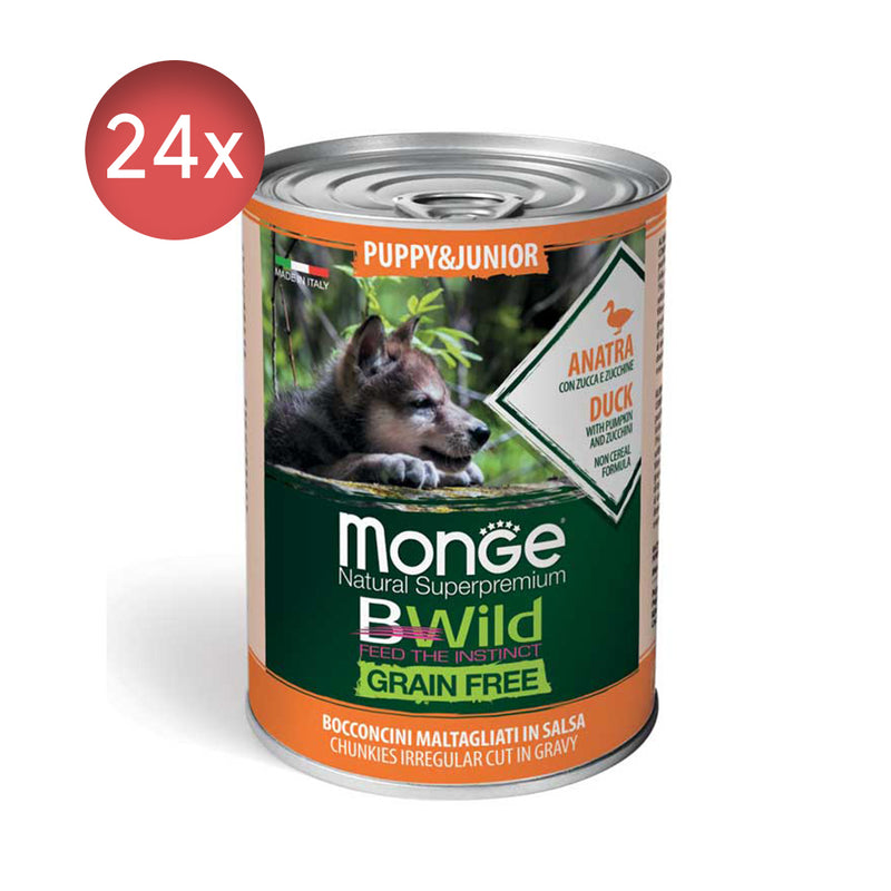 24x400g Conserve MONGE B-Wild Junior fără cereale cu Rață, zukkini și dovleac - Hrană Umedă Câini