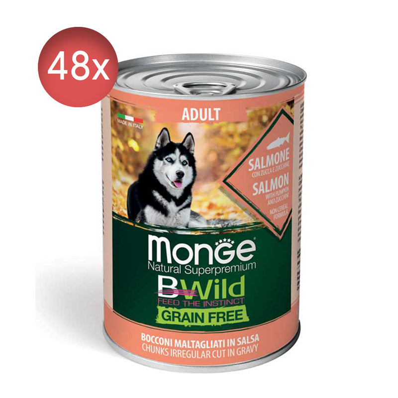 24x400g Conserve MONGE B-Wild Adult fără cereale cu Somon, zukkini și dovleac - Hrană Umedă Câini
