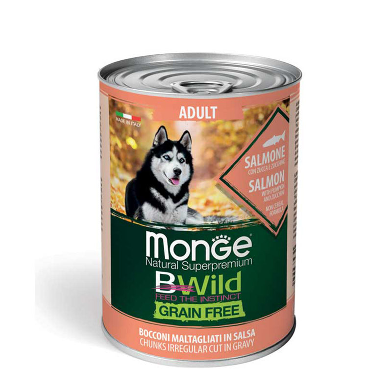 24x400g Conserve MONGE B-Wild Adult fără cereale cu Somon, zukkini și dovleac - Hrană Umedă Câini